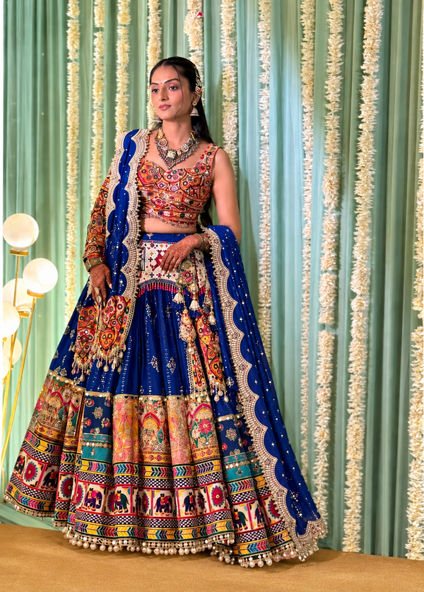 Navratri Designer Printed Lehenga Choli | Heavy Muslin Cotton | Real Mirror Work & Embroidery
